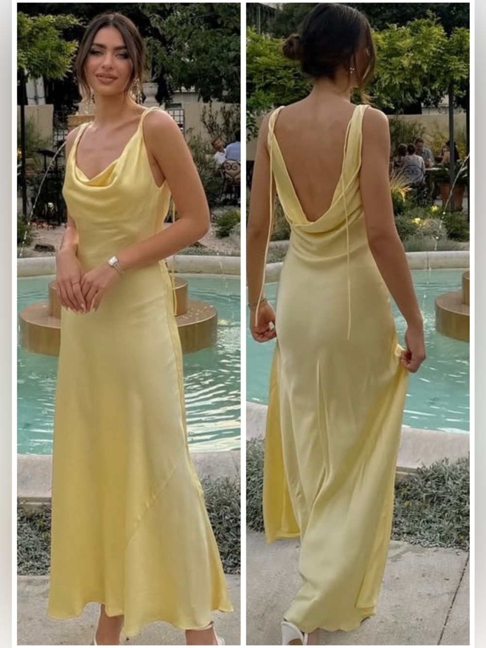 Zara Satin Maxi Dress Cowl Neck Draped Effect Spaghetti Strap Yellow Size Small